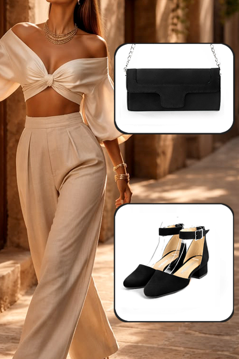 Dress heels closed-back ankle strap in matt black leather with low block heels and round toe - Worn view